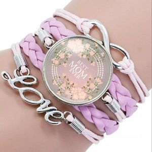 Infinity mom leather charm bracelet,  pink